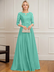 A-line Scoop Floor-Length Lace Chiffon Mother of the Bride Dress With Crystal Brooch Sequins