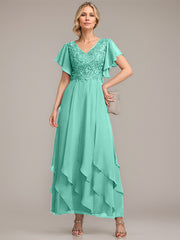 A-line V-Neck Ankle-Length Lace Chiffon Mother of the Bride Dress With Cascading Ruffles