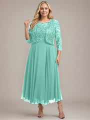 A-line Boat Neck Illusion Tea-Length Lace Chiffon Mother of the Bride Dress With Sequins