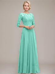 A-line Boat Neck Illusion Floor-Length Chiffon Lace Mother of the Bride Dress With Sequins Beading