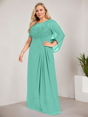 A-line Scoop Illusion Floor-Length Lace Chiffon Mother of the Bride Dress With Sequins Pleated