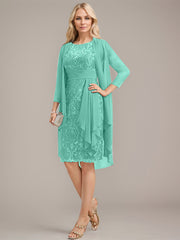 Sheath/Column Scoop Illusion Knee-Length Lace Chiffon Mother of the Bride Dress With Cascading Ruffles Sequins