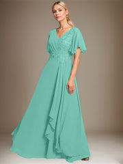 A-line V-Neck Floor-Length Lace Chiffon Mother of the Bride Dress With Cascading Ruffles Sequins