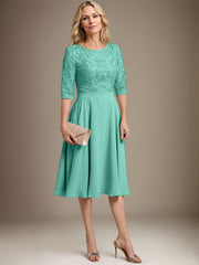 A-line Scoop Knee-Length Lace Chiffon Mother of the Bride Dress