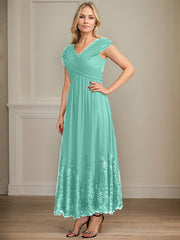 A-line V-Neck Ankle-Length Chiffon Mother of the Bride Dress With Bow Sequins Appliques Lace