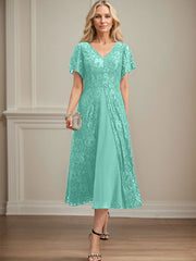 A-line V-Neck Tea-Length Lace Chiffon Mother of the Bride Dress