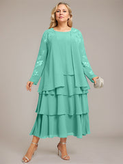A-line Scoop Tea-Length Chiffon Mother of the Bride Dress With Cascading Ruffles