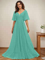 A-line V-Neck Floor-Length Chiffon Mother of the Bride Dress With Sequins Appliques Lace Pleated
