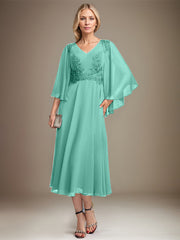 A-line V-Neck Tea-Length Chiffon Lace Mother of the Bride Dress With Sequins Beading