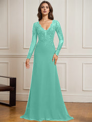 Sheath/Column V-Neck Detachable Sweep Train Lace Tulle Chiffon Mother of the Bride Dress With Sequins