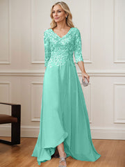 A-Line V-Neck 3/4 Sleeves Chiffon Mother Of The Bride Dresses With Lace