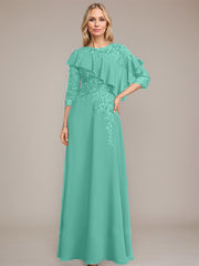 A-line Scoop Illusion Floor-Length Chiffon Lace Mother of the Bride Dress With Ruffle Sequins Beading
