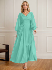 A-line V-Neck Ankle-Length Chiffon Mother of the Bride Dress With Cascading Ruffles Beading Sequins