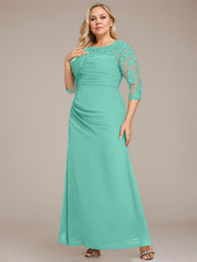 A-line Scoop Floor-Length Chiffon Lace Mother of the Bride Dress With Sequins Beading Pleated