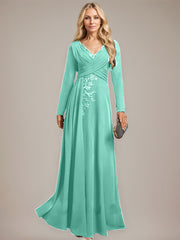 A-line V-Neck Floor-Length Stretch Crepe Evening Dress With Pleated Sequins Appliques Lace