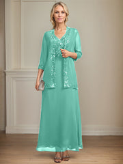 A-line V-Neck Ankle-Length Lace Sequin Chiffon Mother of the Bride Dress