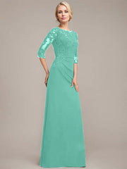 A-line Scoop Floor-Length Chiffon Lace Mother of the Bride Dress With Sequins Beading Pleated