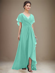 A-line V-Neck Asymmetrical Chiffon Mother of the Bride Dress With Sequins Beading Cascading Ruffles