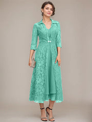 A-line V-Neck Tea-Length Chiffon Mother of the Bride Dress