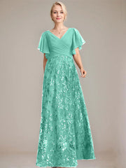 A-line V-Neck Floor-Length Lace Sequin Chiffon Mother of the Bride Dress With Pleated