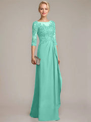 A-line Scoop Illusion Floor-Length Chiffon Lace Mother of the Bride Dress With Beading Sequins Cascading Ruffles