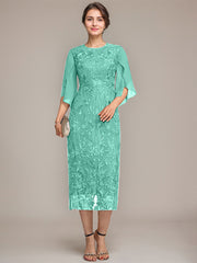 Sheath/Column Scoop Tea-Length Lace Chiffon Mother of the Bride Dress