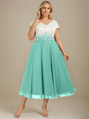A-line V-Neck Tea-Length Satin Chiffon Mother of the Bride Dress With Appliques Lace