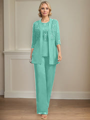 Jumpsuit/Pantsuit Separates Scoop Floor-Length Chiffon Lace Mother of the Bride Dress With Sequins