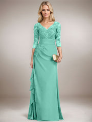 A-line V-Neck Floor-Length Lace Chiffon Mother of the Bride Dress With Cascading Ruffles