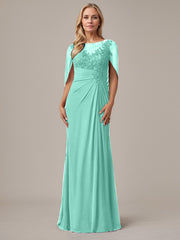 A-Line Floor-Length Boat-Neck Lace Capelet Chiffon Mother of the Bride Dress