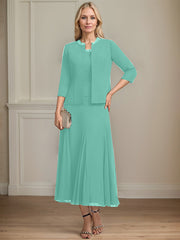 Separates A-line Scoop Tea-Length Chiffon Mother of the Bride Dress With Sequins Beading