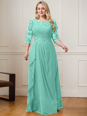 A-line Scoop Floor-Length Lace Chiffon Mother of the Bride Dress With Cascading Ruffles Sequins