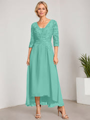 A-line V-Neck Asymmetrical Chiffon Lace Mother of the Bride Dress With Pleated Beading