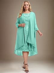 Sheath/Column Scoop Illusion Knee-Length Lace Chiffon Mother of the Bride Dress With Cascading Ruffles Sequins