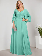 A-line V-Neck Floor-Length Chiffon Lace Mother of the Bride Dress With Sequins Beading