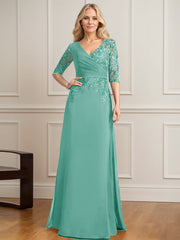 A-line V-Neck Floor-Length Lace Chiffon Mother of the Bride Dress With Pleated Sequins