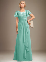 A-line Asymmetrical Illusion Floor-Length Lace Chiffon Mother of the Bride Dress With Cascading Ruffles Sequins