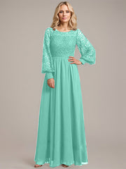 A-line Scoop Illusion Floor-Length Lace Chiffon Mother of the Bride Dress