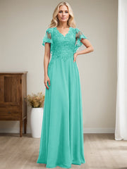A-line V-Neck Floor-Length Lace Chiffon Mother of the Bride Dress With Sequins