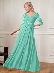 A-Line Floor-Length V-Neck Lace Chiffon Mother of the Bride Dress