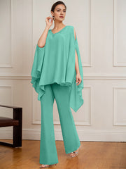 Separates Jumpsuit/Pantsuit V-Neck Floor-Length Chiffon Mother of the Bride Dress With Beading