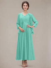 A-line V-Neck Ankle-Length Chiffon Mother of the Bride Dress With Sequins Appliques Lace Beading