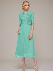 A-line/Princess Scoop Tea-Length Chiffon Mother of the Bride Dress With Lace Jacket