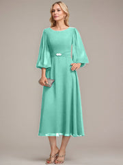 A-line Scoop Tea-Length Chiffon Mother of the Bride Dress With Crystal Brooch Pleated