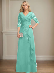 A-line Collared V-Neck Floor-Length Lace Chiffon Mother of the Bride Dress With Sequins Cascading Ruffles