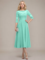 A-line Scoop Illusion Tea-Length Chiffon Lace Mother of the Bride Dress With Sequins Beading