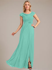A-line Scoop Floor-Length Mesh Mother of the Bride Dress With Pleated Beading