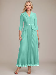 A-line Collared V-Neck Ankle-Length Chiffon Mother of the Bride Dress With Beading Pleated