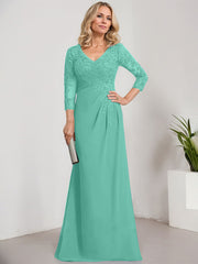 Sheath/Column V-Neck Illusion Floor-Length Lace Chiffon Mother of the Bride Dress With Pleated Sequins