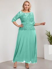 A-line Scoop Illusion Ankle-Length Chiffon Lace Mother of the Bride Dress With Rhinestone Beading